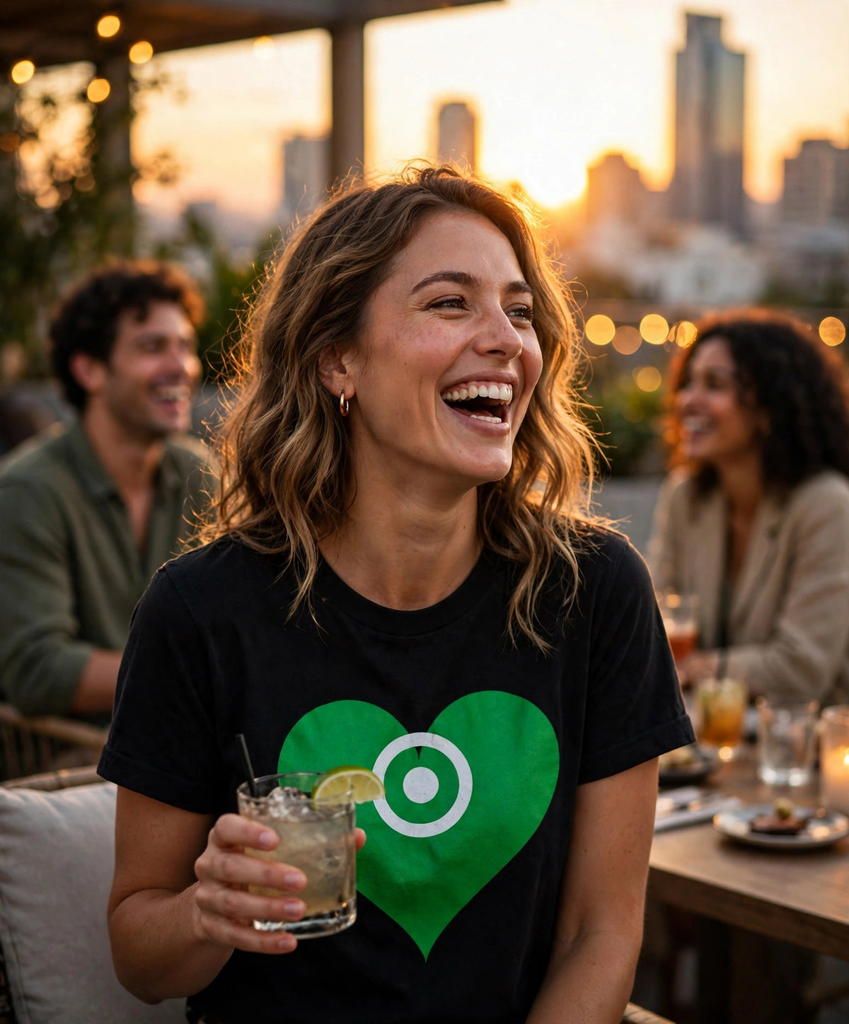 SingleSignal rooftop bar scene, woman wearing the Heart Signal tee at golden hour